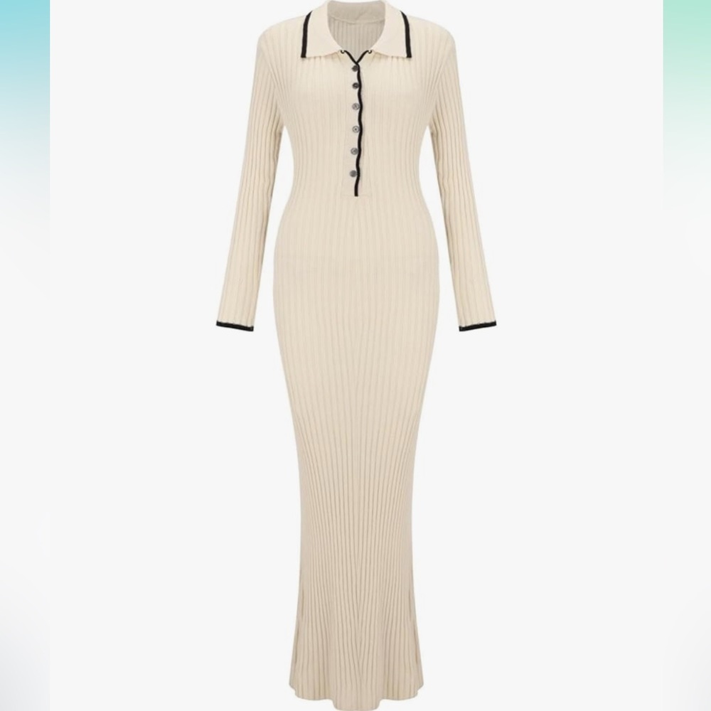 Commense Cream Long Sleeve Dress with Black Trim